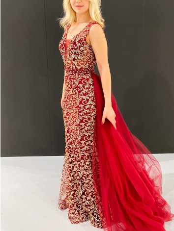 Exkluzívne dlhé dámske spoločenské šaty s odnímateľnou tylovou sukňou - červené