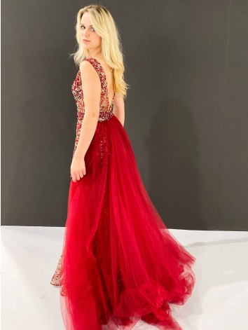 Exkluzívne dlhé dámske spoločenské šaty s odnímateľnou tylovou sukňou - červené