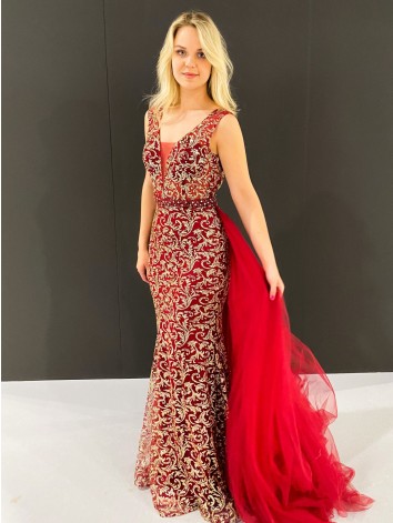 Exkluzívne dlhé dámske spoločenské šaty s odnímateľnou tylovou sukňou - červené