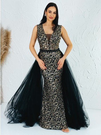 Exkluzívne dlhé dámske spoločenské šaty s odnímateľnou tylovou sukňou - čierne BB