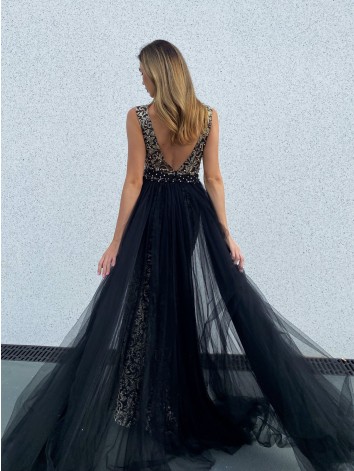 Exkluzívne dlhé dámske spoločenské šaty s odnímateľnou tylovou sukňou - čierne BB