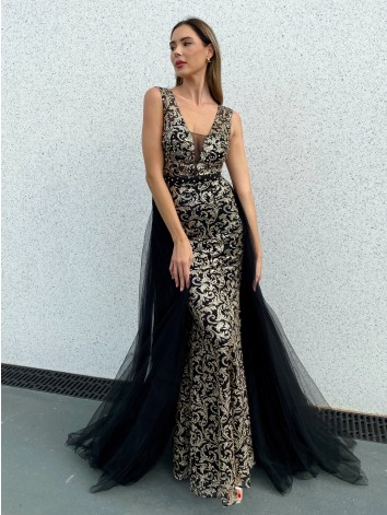 Exkluzívne dlhé dámske spoločenské šaty s odnímateľnou tylovou sukňou - čierne BB