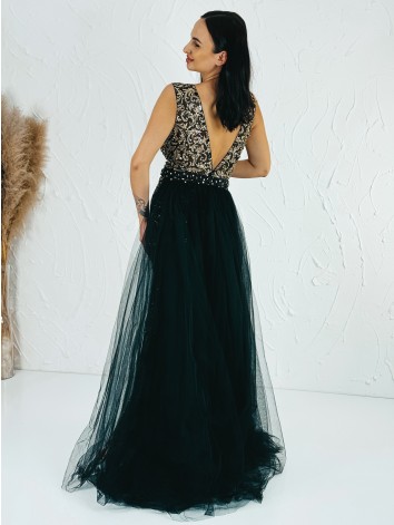 Exkluzívne dlhé dámske spoločenské šaty s odnímateľnou tylovou sukňou - čierne BB