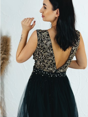Exkluzívne dlhé dámske spoločenské šaty s odnímateľnou tylovou sukňou - čierne BB