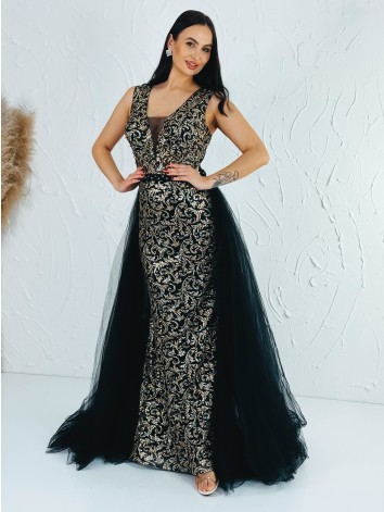 Exkluzívne dlhé dámske spoločenské šaty s odnímateľnou tylovou sukňou - čierne BB