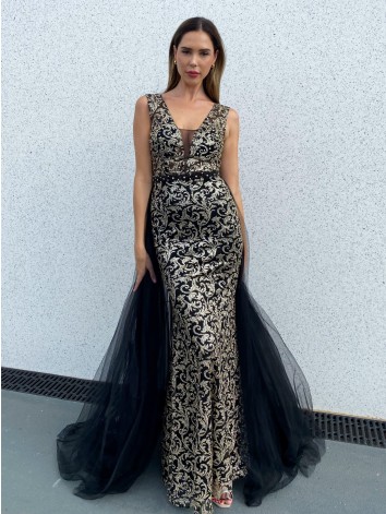 Exkluzívne dlhé dámske spoločenské šaty s odnímateľnou tylovou sukňou - čierne BB