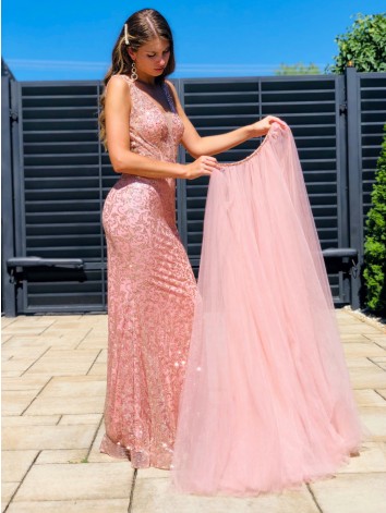 Exkluzívne dlhé dámske spoločenské šaty s odnímateľnou tylovou sukňou - ružové BB