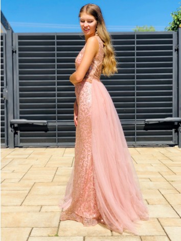 Exkluzívne dlhé dámske spoločenské šaty s odnímateľnou tylovou sukňou - ružové BB