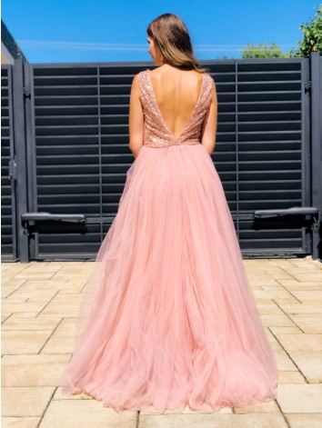 Exkluzívne dlhé dámske spoločenské šaty s odnímateľnou tylovou sukňou - ružové BB
