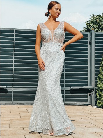 Exkluzívne dlhé dámske spoločenské šaty s odnímateľnou tylovou sukňou - strieborné BB