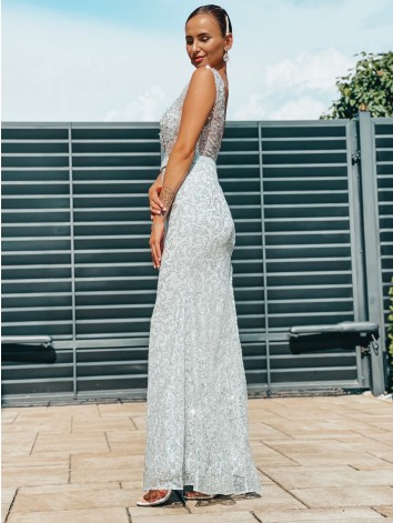 Exkluzívne dlhé dámske spoločenské šaty s odnímateľnou tylovou sukňou - strieborné BB