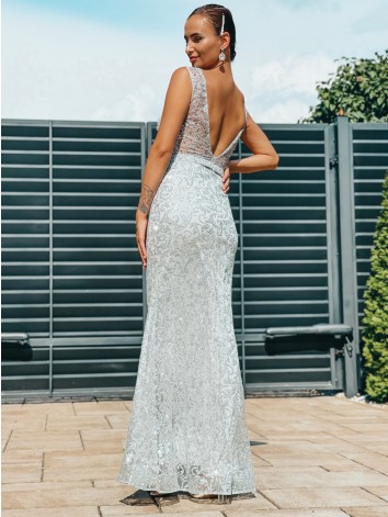 Exkluzívne dlhé dámske spoločenské šaty s odnímateľnou tylovou sukňou - strieborné BB
