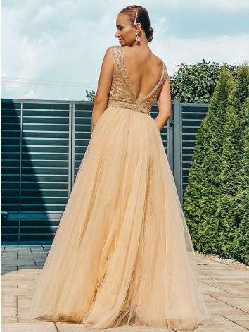 Exkluzívne dlhé dámske spoločenské šaty s odnímateľnou tylovou sukňou - zlaté BB