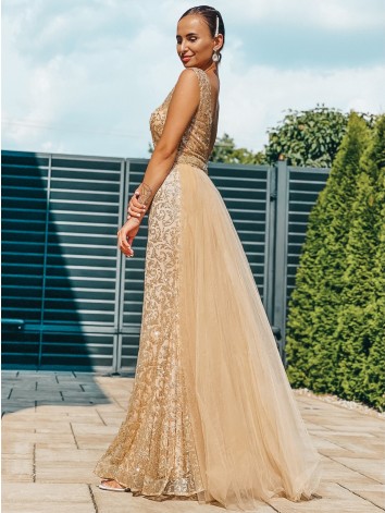 Exkluzívne dlhé dámske spoločenské šaty s odnímateľnou tylovou sukňou - zlaté BB
