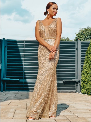 Exkluzívne dlhé dámske spoločenské šaty s odnímateľnou tylovou sukňou - zlaté BB