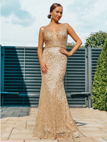 Exkluzívne dlhé dámske spoločenské šaty s odnímateľnou tylovou sukňou - zlaté BB