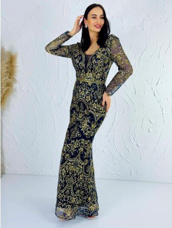 Exkluzívne dlhé modré dámske spoločenské šaty s odnímateľnou tylovou sukňou