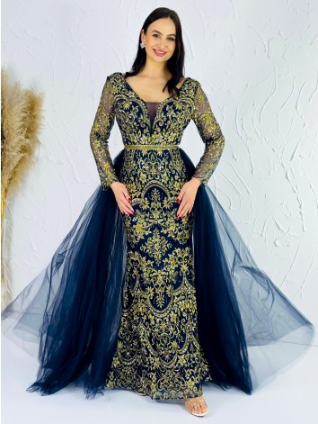 Exkluzívne dlhé modré dámske spoločenské šaty s odnímateľnou tylovou sukňou