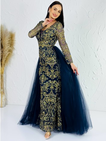 Exkluzívne dlhé modré dámske spoločenské šaty s odnímateľnou tylovou sukňou