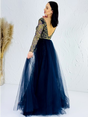 Exkluzívne dlhé modré dámske spoločenské šaty s odnímateľnou tylovou sukňou