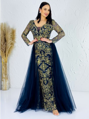 Exkluzívne dlhé modré dámske spoločenské šaty s odnímateľnou tylovou sukňou