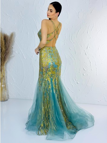 Exkluzívné dlhé zelené dámske spoločenské šaty