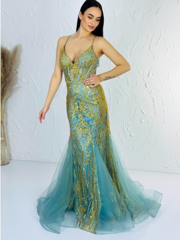 Exkluzívné dlhé zelené dámske spoločenské šaty