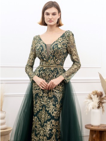 Exkluzívne dlhé zelené dámske spoločenské šaty s odnímateľnou tylovou sukňou