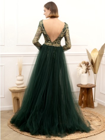 Exkluzívne dlhé zelené dámske spoločenské šaty s odnímateľnou tylovou sukňou