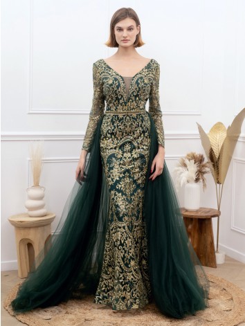 Exkluzívne dlhé zelené dámske spoločenské šaty s odnímateľnou tylovou sukňou
