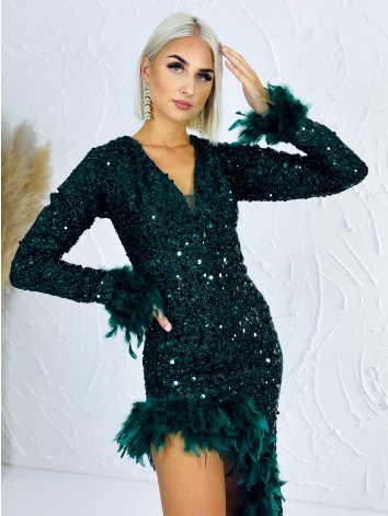 Exkluzívne spoločenské flitrované šaty s dlhým rukávom a perím - zelené Gatsby