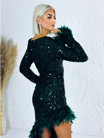 Exkluzívne spoločenské flitrované šaty s dlhým rukávom a perím - zelené Gatsby