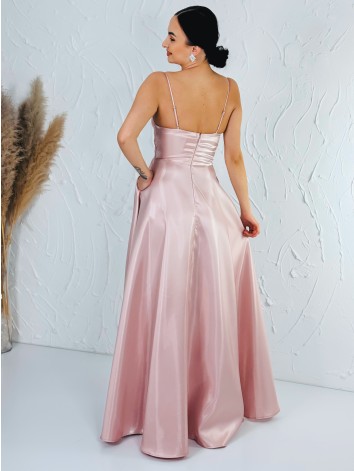 Exluzívne dámske lesklé spoločenské ružové šaty s vreckami Megan