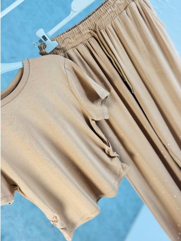 Hnedý elastický dvojdielny komplet s kamienkami QUEEN