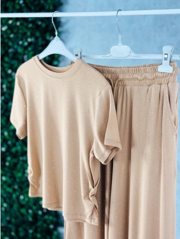 Hnedý elastický dvojdielny komplet s kamienkami QUEEN