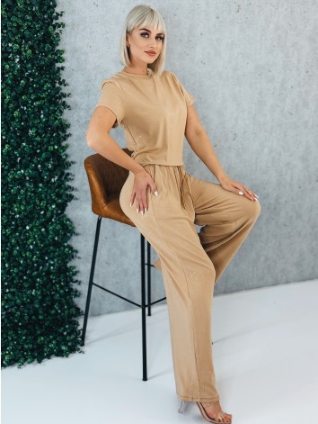 Hnedý elastický dvojdielny komplet s kamienkami QUEEN