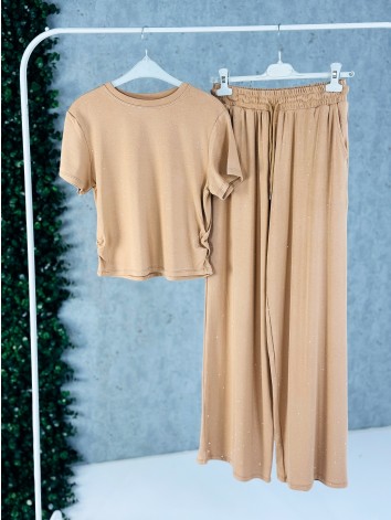 Hnedý elastický dvojdielny komplet s kamienkami QUEEN