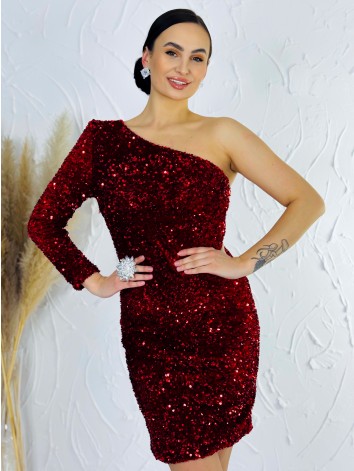 Luxusné červené asymetrické flitrované spoločenské šaty s jedným rukávom