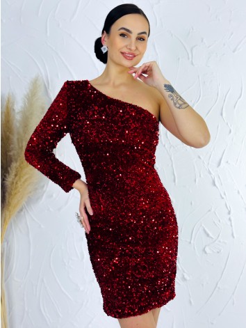 Luxusné červené asymetrické flitrované spoločenské šaty s jedným rukávom
