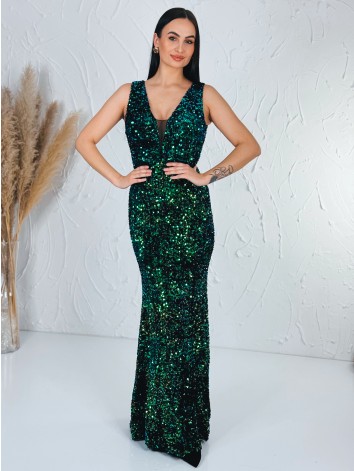 Luxusné dlhé zelené flitrované spoločenské šaty s véčkovým výstrihom
