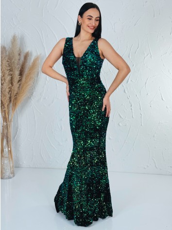 Luxusné dlhé zelené flitrované spoločenské šaty s véčkovým výstrihom