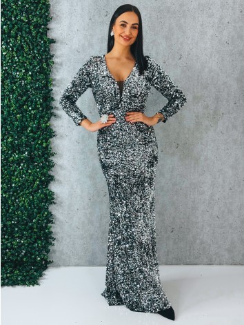 Luxusné flitrované dlhé spoločenské šaty s véčkovým výstrihom - strieborné