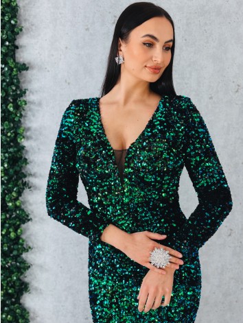 Luxusné flitrované dlhé spoločenské šaty s véčkovým výstrihom - zelené
