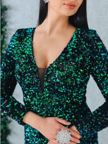 Luxusné flitrované dlhé spoločenské šaty s véčkovým výstrihom - zelené