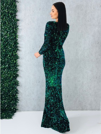 Luxusné flitrované dlhé spoločenské šaty s véčkovým výstrihom - zelené