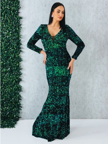 Luxusné flitrované dlhé spoločenské šaty s véčkovým výstrihom - zelené