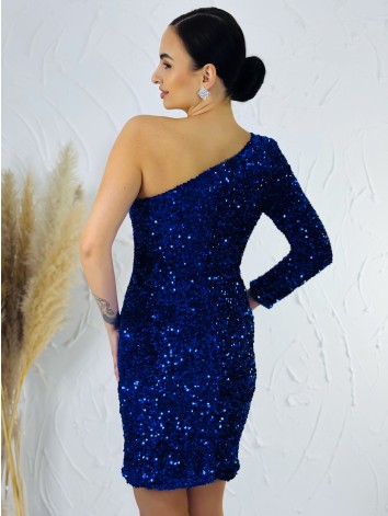 Luxusné modré asymetrické flitrované spoločenské šaty s jedným rukávom