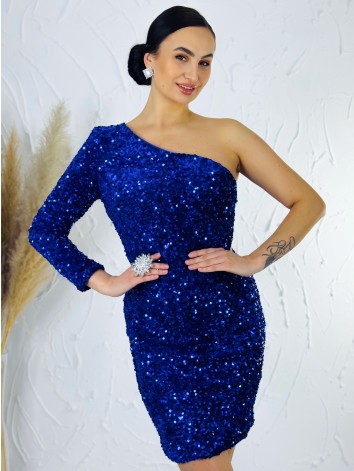 Luxusné modré asymetrické flitrované spoločenské šaty s jedným rukávom