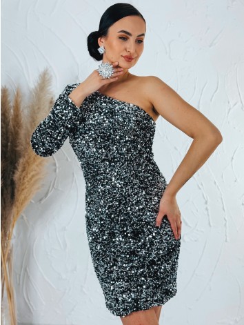 Luxusné strieborné asymetrické flitrované spoločenské šaty s jedným rukávom