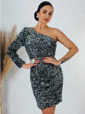 Luxusné strieborné asymetrické flitrované spoločenské šaty s jedným rukávom